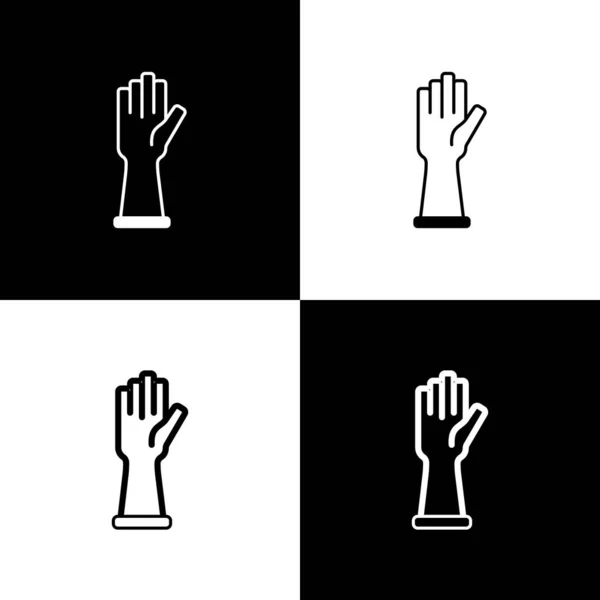 Állítsa Rubber kesztyű ikon elszigetelt fekete-fehér alapon. Latex kézvédő tábla. Háztartási takarító berendezés szimbóluma. Vektor — Stock Vector