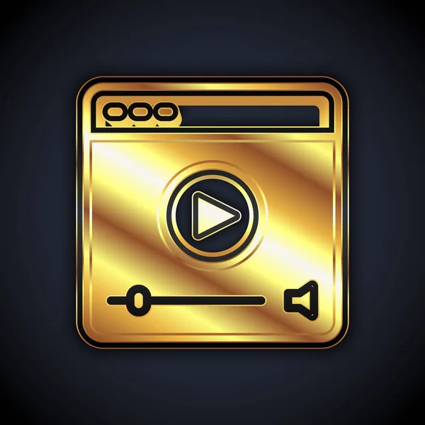 Gold Online play video icon isolated on black background. Film strip with play sign. Vector — Image vectorielle