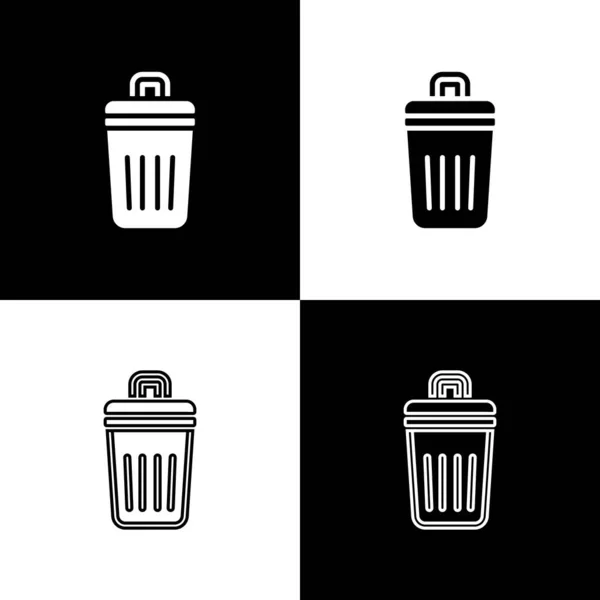 Defina o ícone da lata de lixo isolado no fundo preto e branco. Sinal de lixeira. Ícone da cesta de reciclagem. Ícone de lixo do escritório. Vetor — Vetor de Stock