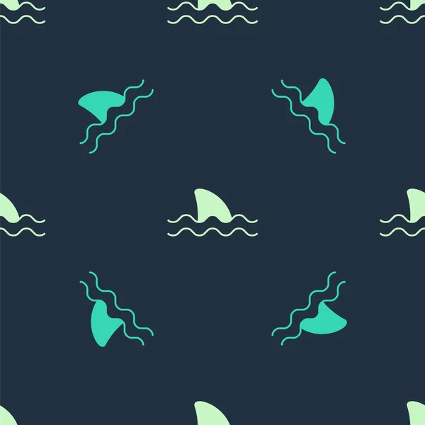 Green and beige Shark fin in ocean wave icon isolated seamless pattern on blue background. Vector — ストックベクタ