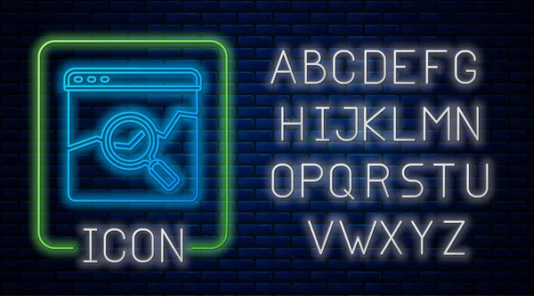 Glowing neon Website with stocks market growth graphs and money icon isolated on brick wall background. Monitor with stock charts arrow on screen. Neon light alphabet. Vector — стоковый вектор