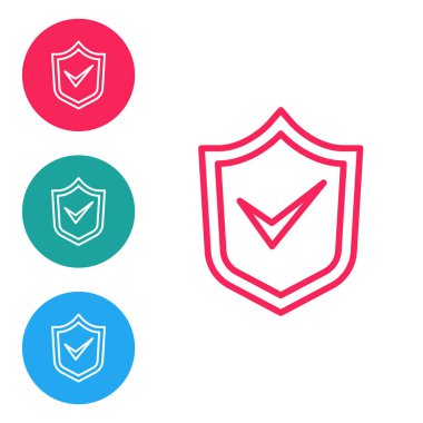 Beyaz arkaplanda işaretleme simgesi olan kırmızı çizgi kalkanı. Güvenlik, güvenlik, koruma, gizlilik kavramı. Kene izi onaylandı. Simgeleri daire düğmelerine ayır. Vektör