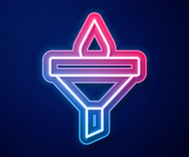 Parlayan neon hattı huni veya filtre ve motor yağı damlası ikonu mavi arkaplanda izole edildi. Vektör