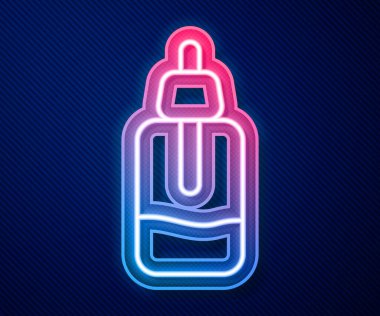 Parlayan neon çizgisi. Mavi arka planda özel yağ şişesi simgesi var. Organik aromaterapi özü. Cilt bakımı serumu cam bırakma paketi. Vektör