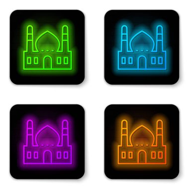 Parlayan neon hattı Müslüman cami simgesi beyaz arka planda izole edildi. Siyah kare düğme. Vektör
