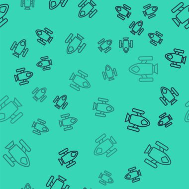 Siyah çizgi roket ikonu yeşil arka planda izole edilmiş pürüzsüz desen. Uzay yolculuğu. Vektör