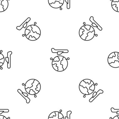 Uçan uçak ikonuna sahip gri çizgi Globe beyaz arka planda izole edilmiş pürüzsüz desen. Uçak Dünya 'nın etrafında uçuyor. Uçak dünyası ikonu. Vektör