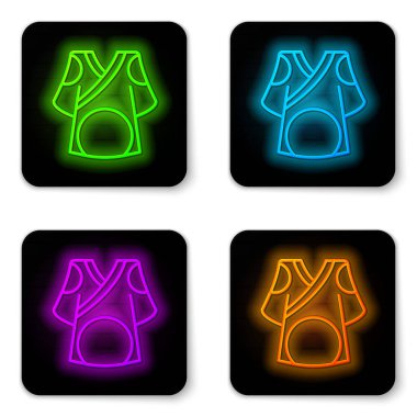 Parlayan neon hattı Kimono simgesi beyaz arkaplanda izole edildi. Çinliler, Japonlar, Koreliler, Vietnamlılar, milli kostümler ve kimono giyiyorlar. Geleneksel Asya kostümleri. Siyah kare düğme. Vektör