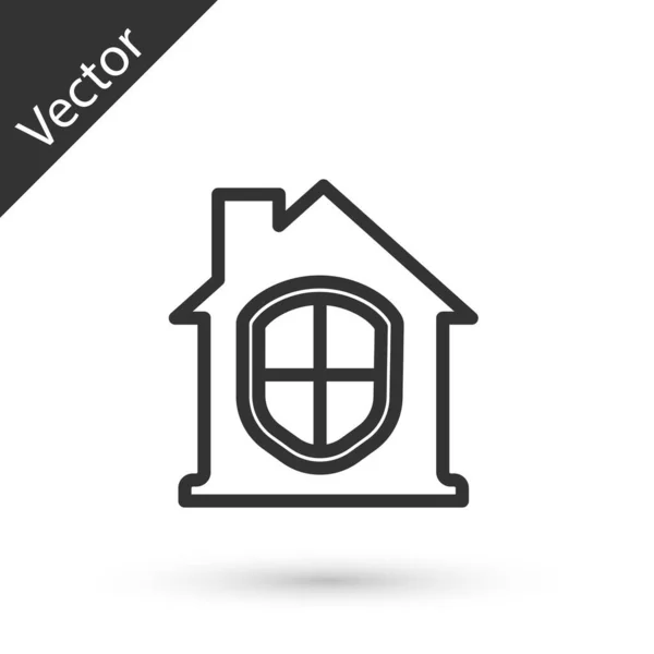 보호 아이콘으로 지정 된 회색 라인 하우스는 백인 배경에서 격리되어 있습니다. 집과 방패. 보호, 안전, 보안, 보호, 방어 개념. Vector — 스톡 벡터