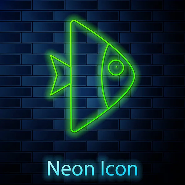 Işıldayan neon hattı Fish simgesi tuğla duvar arka planında izole edildi. Vektör. — Stok Vektör