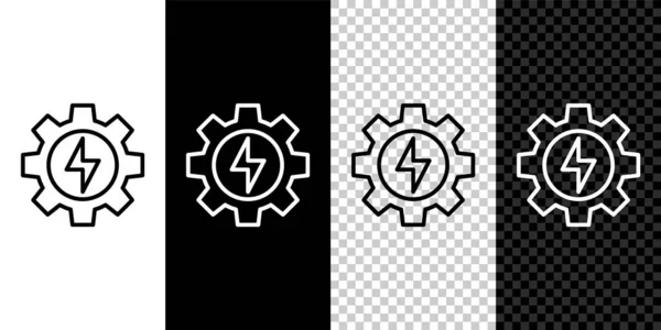 Establecer línea Icono de engranaje y relámpago aislado sobre fondo blanco y negro. Energía eléctrica. Señal de rayo. Vector — Vector de stock