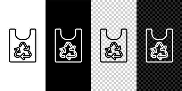 Set line Saco de plástico com ícone de reciclagem isolado em fundo preto e branco. Saco com símbolo de reciclagem. Vetor — Vetor de Stock