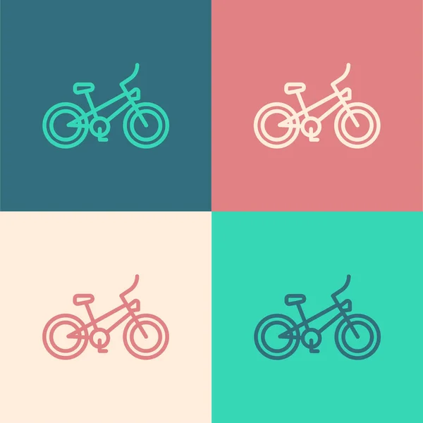 Поп-арт линии велосипед значок изолирован на цветном фоне. Велогонка. Экстремальный спорт. Спортивное оборудование. Вектор — стоковый вектор