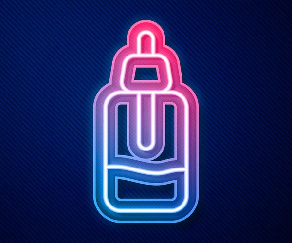 Parlayan neon çizgisi. Mavi arka planda özel yağ şişesi simgesi var. Organik aromaterapi özü. Cilt bakımı serumu cam bırakma paketi. Vektör