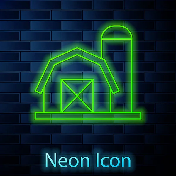 Ragyogó neon vonal Farm ház ikon elszigetelt téglafal háttér. Vektor — Stock Vector