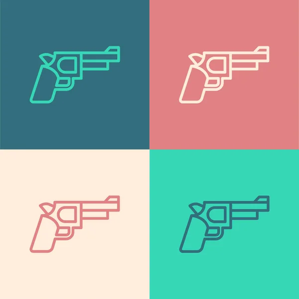 Pop art lijn Pistol of pistool pictogram geïsoleerd op kleur achtergrond. Politie of militair pistool. Klein vuurwapen. Vector — Stockvector