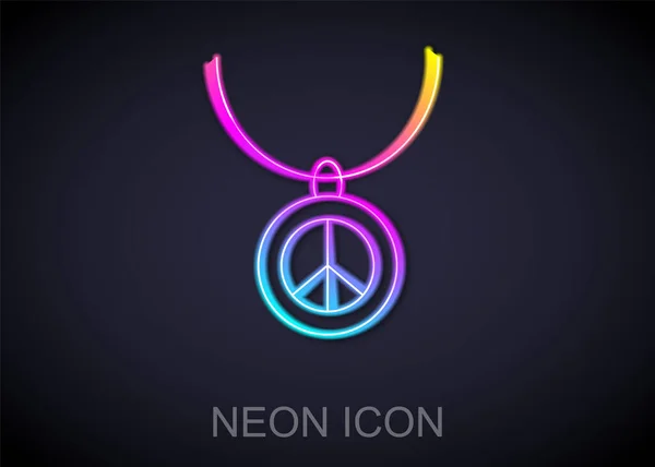 Glowing neon line Necklace with peace symbol icon isolated on black background. Hippie symbol of peace. Vector — Vettoriale Stock