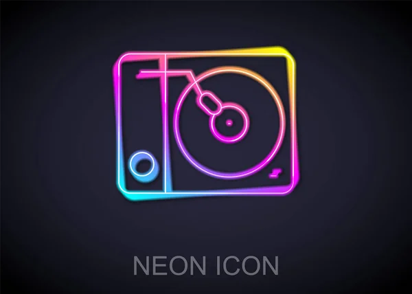 Ragyogó neon vonal Vinyl lejátszó egy vinyl lemez ikon elszigetelt fekete alapon. Vektor — Stock Vector