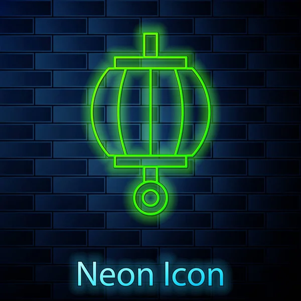 Glowing neon line Korean paper lantern icon isolated on brick wall background. Vector — Stock Vector