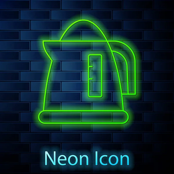 Leuchtende Neon-Linie Wasserkocher-Symbol isoliert auf Backsteinwand Hintergrund. Teekanne vorhanden. Vektor — Stockvektor