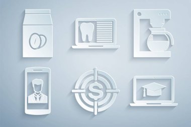 Hedefi dolarla ayarla, kahve makinesi, akıllı telefon bağlantısı, mezuniyet laptopu, dizüstü bilgisayar, diş kartı ve fasulye torbası ikonu. Vektör