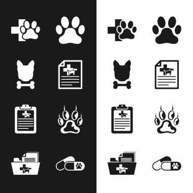 Köpek ya da kedi, köpek ve kemik, veteriner kliniği, pençe izi, klinik kayıt hayvanı ve ikon için tıbbi sertifika ayarlayın. Vektör