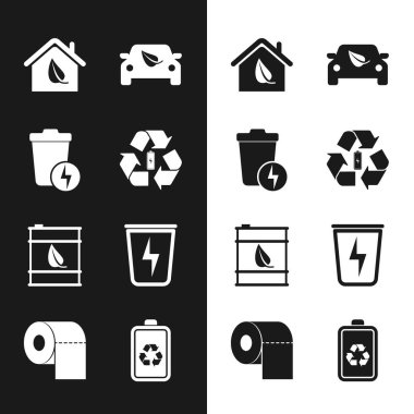 Geri dönüşümlü batarya, yıldırım çöpü, çevre dostu ev, araba sürücüsü yaprağı, biyoyakıt varili ve tuvalet kağıdı rulo ikonu. Vektör