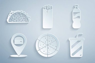 Pizza, bir şişe su, hamburgerli konum, burrito ve Taco tortilla ikonu. Vektör
