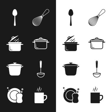 Tencere, kaşık, mutfak çırpıcı, kepçe, kahve fincanı ve bulaşık ikonu hazırla. Vektör