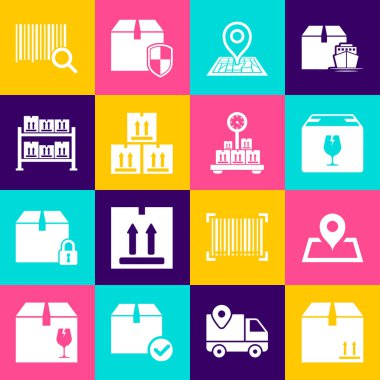 Karton kutucuğu trafiğe ayarlayın, Haritada yer tutucu, teslimat hassas içeriği, Depo, Arama barkodu ve karton simge. Vektör