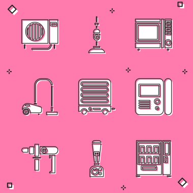 Klimayı, elektrikli süpürgeyi, mikrodalga fırını, elektrikli ısıtıcıyı ve House dahili iletişim ikonunu ayarla. Vektör