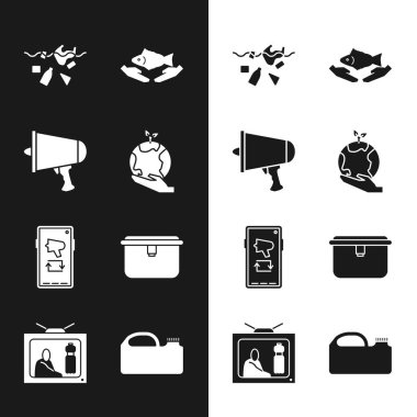 El ele tutuşan dünyayı ayarlayın, dünyaya yayın, megafon, kirlilik gezegeni, balık bakımı, megafon mobil, yemek kutusu, makine yağı kutusu ve plastik ikonu durdurun. Vektör