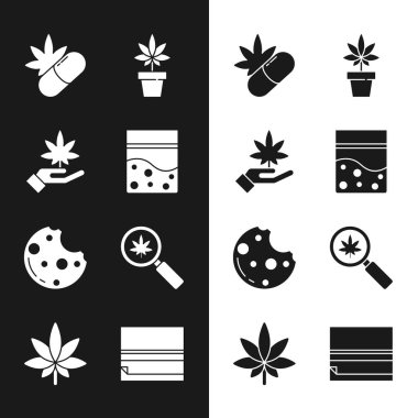 Plastik torba esrar, marihuana ya da yaprak, marihuana, bitki, kurabiye, büyüteç ve rulo kağıt ve ikon içeren tıbbi haplar. Vektör