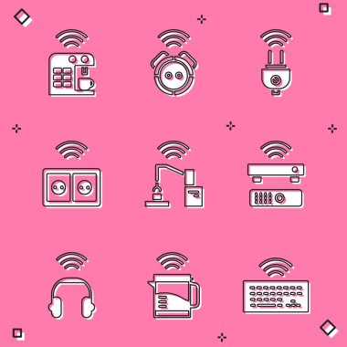 Akıllı kahve makinesi, elektrikli süpürge, elektrik prizi, elektrik prizi, robot kol fabrikası, kablosuz TV alıcısı, kulaklık ve çaydanlık ikonu. Vektör