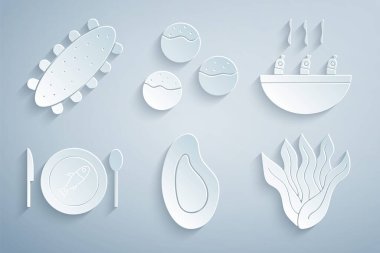 Midye çorbası, karidesli çorba tabakta balık, yosun, Takoyaki ve salatalık ikonu. Vektör