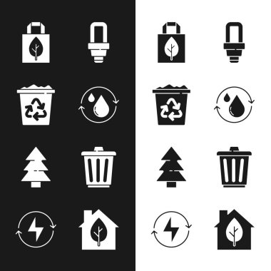 Temiz su, geri dönüşüm kutusu, alışveriş torbası, LED ampul, Noel ağacı, çöp tenekesi, çevre dostu ev ve şimşek cıvata simgesini ayarlayın. Vektör