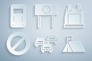 Trafik sıkışıklığı, kurşun geçirmez yelek, yasaklama, protesto kampı ve polis saldırı kalkanı ikonu. Vektör