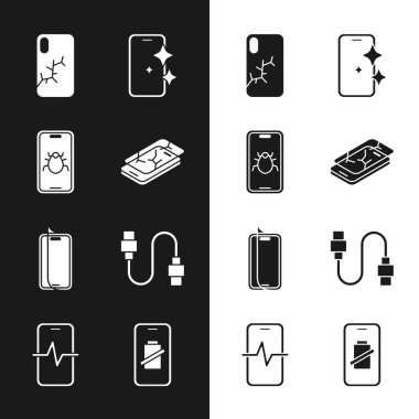 Mobil ekran, cep telefonunda sistem hatası, cam koruyucu, USB kablo, akıllı telefon şarjı ve telefon servis ikonu ile ayarla. Vektör