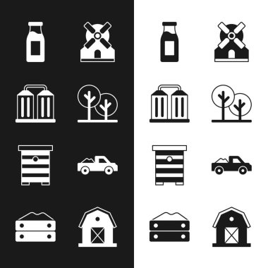 Ağaç, granarya, süt şişesi, yel değirmeni, arılar için kovan, kamyonet, çiftlik evi ve un ikonu. Vektör