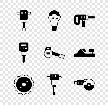 İnşaat matkabı, Açı öğütücü, elektrikli matkap, testere bıçağı ve Yaprak bahçe üfleyici ikonu. Vektör