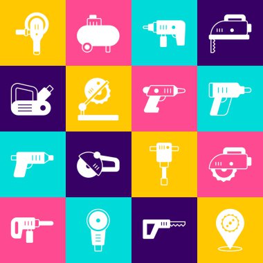 Dairesel testere bıçağı, elektrik dairesi, kablosuz tornavida, matkap, ahşap işçiliği için masa, planör aleti, açı öğütücü ve simge. Vektör