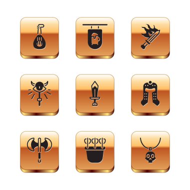 Lute, Ortaçağ kutup baltası, oklu Quiver, oyun kılıcı, sihirli asa, kolye tılsımı ve sokak tabelası simgesi. Vektör