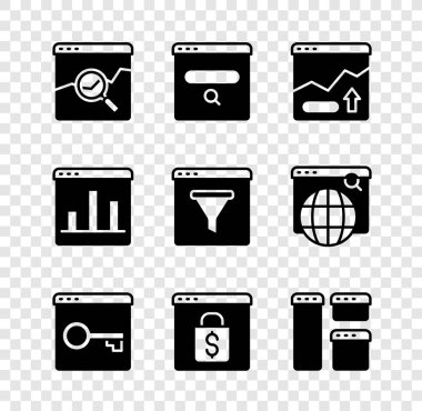 Web sitesini hisse senedi pazarı, Arama motoru, Finansal büyüme artışı, HTTPS, SSL, Çevrimiçi alışveriş, Tarayıcı penceresi, Grafik grafiksel bilgi ve simgesi ile ayarlayın. Vektör