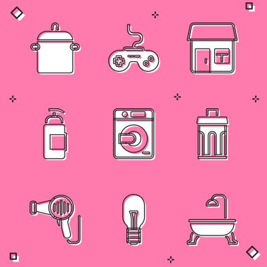 Yemek tenceresi, av evi, antibakteriyel sabun, çamaşır makinesi, çöp tenekesi, saç kurutma makinesi ve ampul ikonu. Vektör