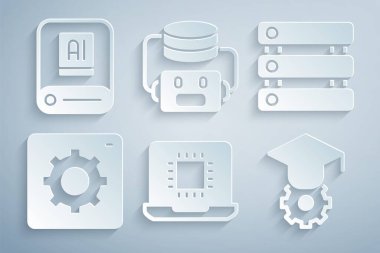 İşlemci işlemcisi, sunucu, veri, bilgisayar api arayüzü, mezuniyet kapsülü, yapay zeka robotu ve yapay zeka simgesini ayarla. Vektör