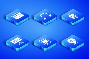 Alfabe, okul takvimi, notları yüksek sınav kâğıdı, yazı tahtası, kulaklıklar ve bavul simgesi. Vektör