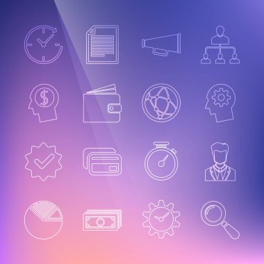 Çizgi büyüteç, erkek giysisi kullanıcısı, içinde ekipman olan insan kafası, megafon, cüzdan, iş planlama zihni, saat oku ve sosyal ağ simgesi. Vektör