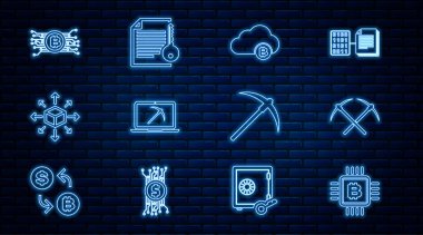 Hat işlemci çiftliği, çapraz kazma, kripto para birimi bulutu, dizüstü bilgisayarlı madencilik ve dağıtım, bitcoin devresi, kazma ve Smart sözleşme ikonu. Vektör