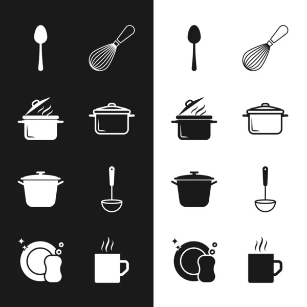 Set Cooking Pot Spoon Kitchen Whisk Ladle Coffee Cup Washing — Vector de stock