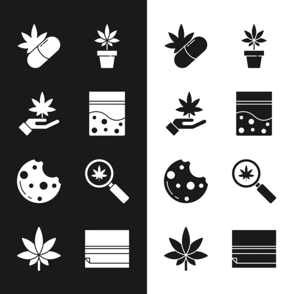 设置塑料袋大麻 大麻或叶子 医用药丸与大麻 放大镜和 滚动纸和图标 — 图库矢量图片
